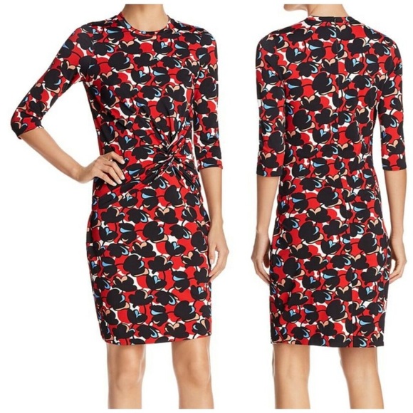 BOSS ELEIKA PRINT JERSEY SHEATH DRESS FLORAL RED BLACK Size XS - Picture 1 of 16